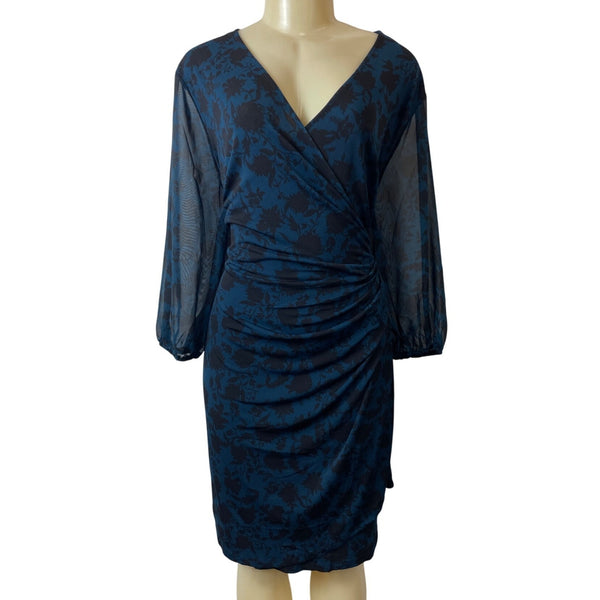 INC International Concepts Blue Clean Floral Sheer Sleeves Womens Dress Sz 2X