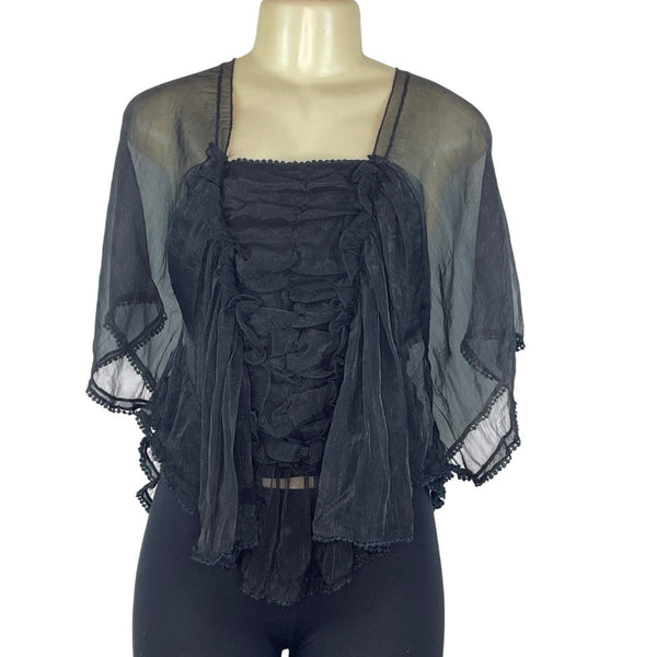 Vintage September Black Sheer Ruffled Blouse For Women Sz XS/S