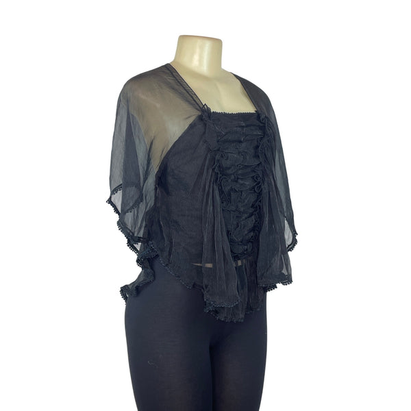 Vintage September Black Sheer Ruffled Blouse For Women Sz XS/S