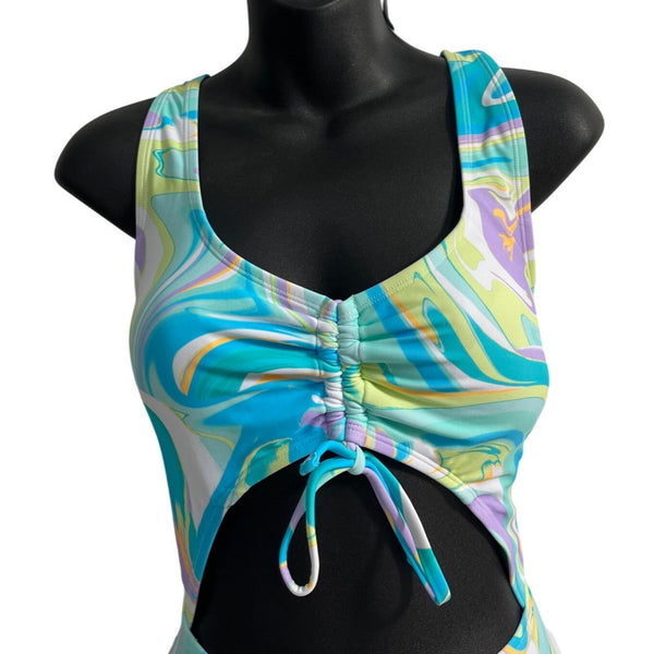 Ninety-Nine Blue Multicolor pattern Ruched Front Cutout One-Piece Swimsuit Sz L