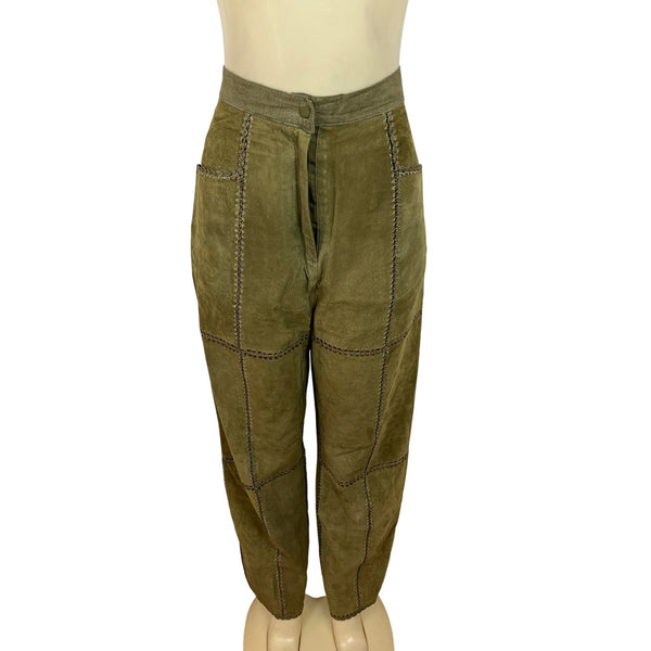 S.M.H. Vintage Olive Green Leather High-Waisted Loose-Fit Trousers Size 14