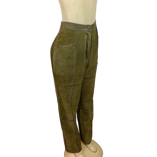 S.M.H. Vintage Olive Green Leather High-Waisted Loose-Fit Trousers Size 14