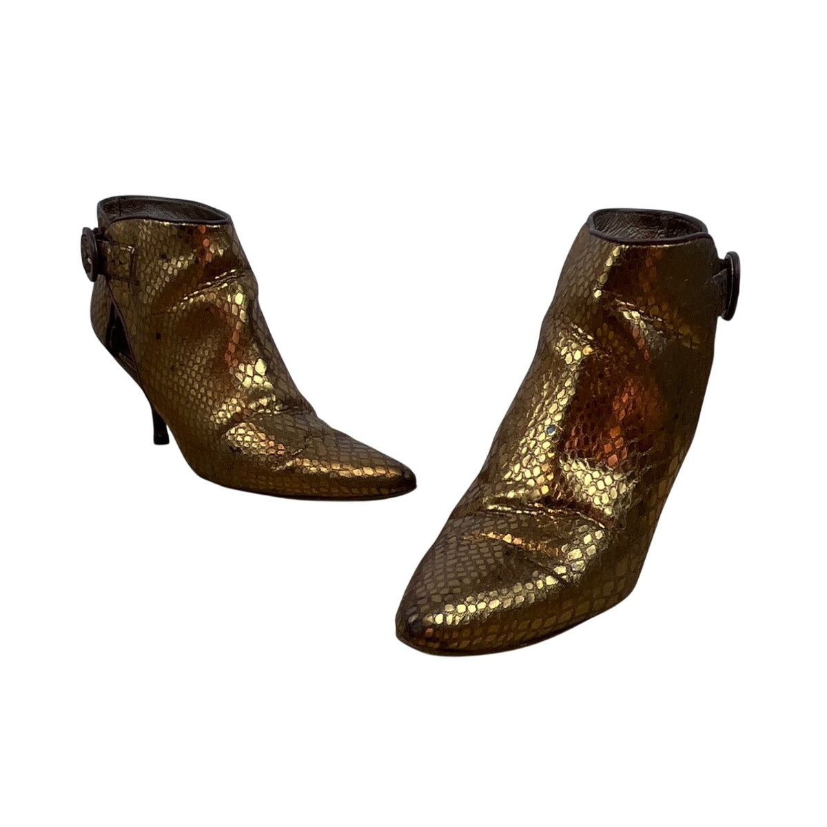 Miss Sofi Gold Snake Print Kitten Heels & Buckle Closure Ankle Booties Sz 35.5