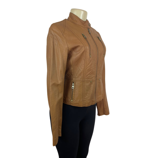 TCEC Women Tan Leather Jacket With Leopard Print Lining Szize M