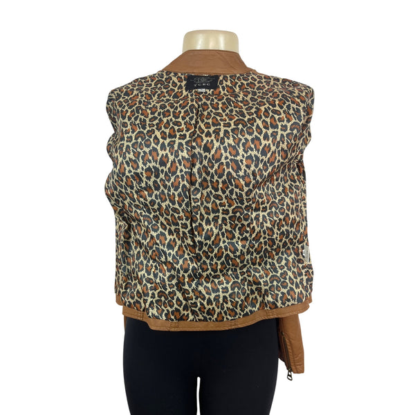 TCEC Women Tan Leather Jacket With Leopard Print Lining Szize M