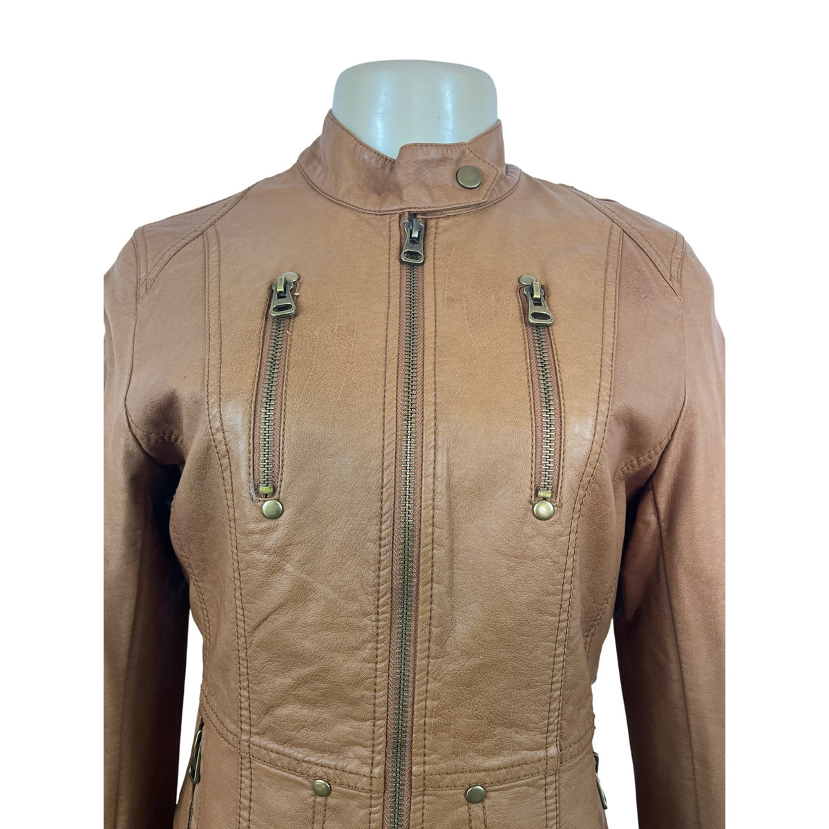 TCEC Women Tan Leather Jacket With Leopard Print Lining Szize M