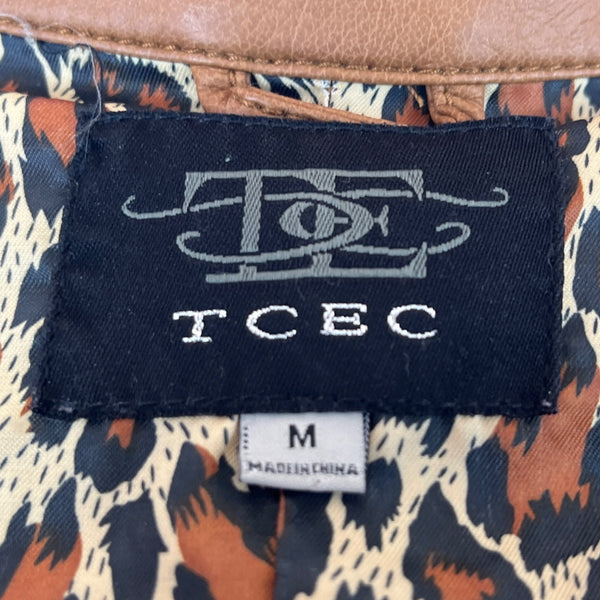 TCEC Women Tan Leather Jacket With Leopard Print Lining Szize M