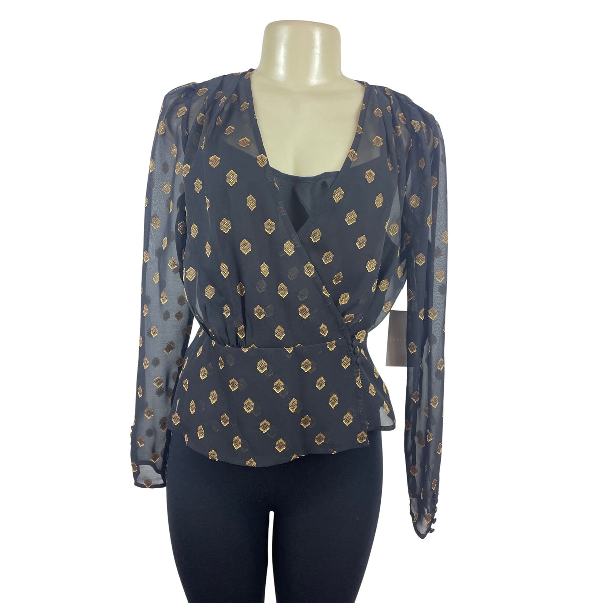 Chelsea- 28 Women Black & Gold Wrap Blouse With Geometric Print Button Sz S- New