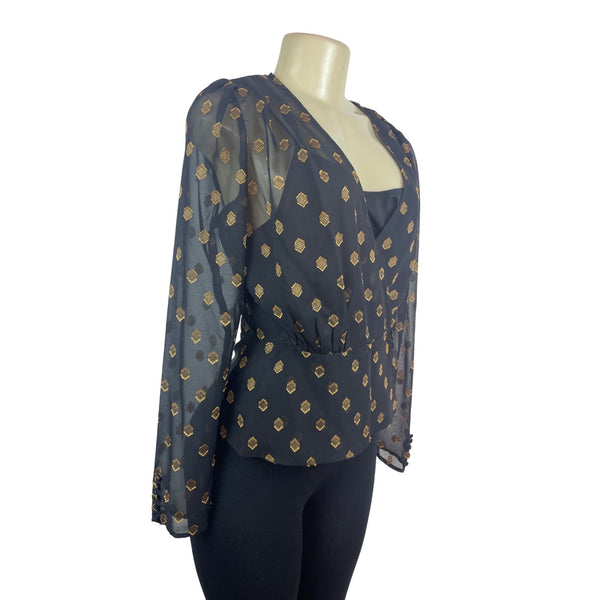 Chelsea- 28 Women Black & Gold Wrap Blouse With Geometric Print Button Sz S- New