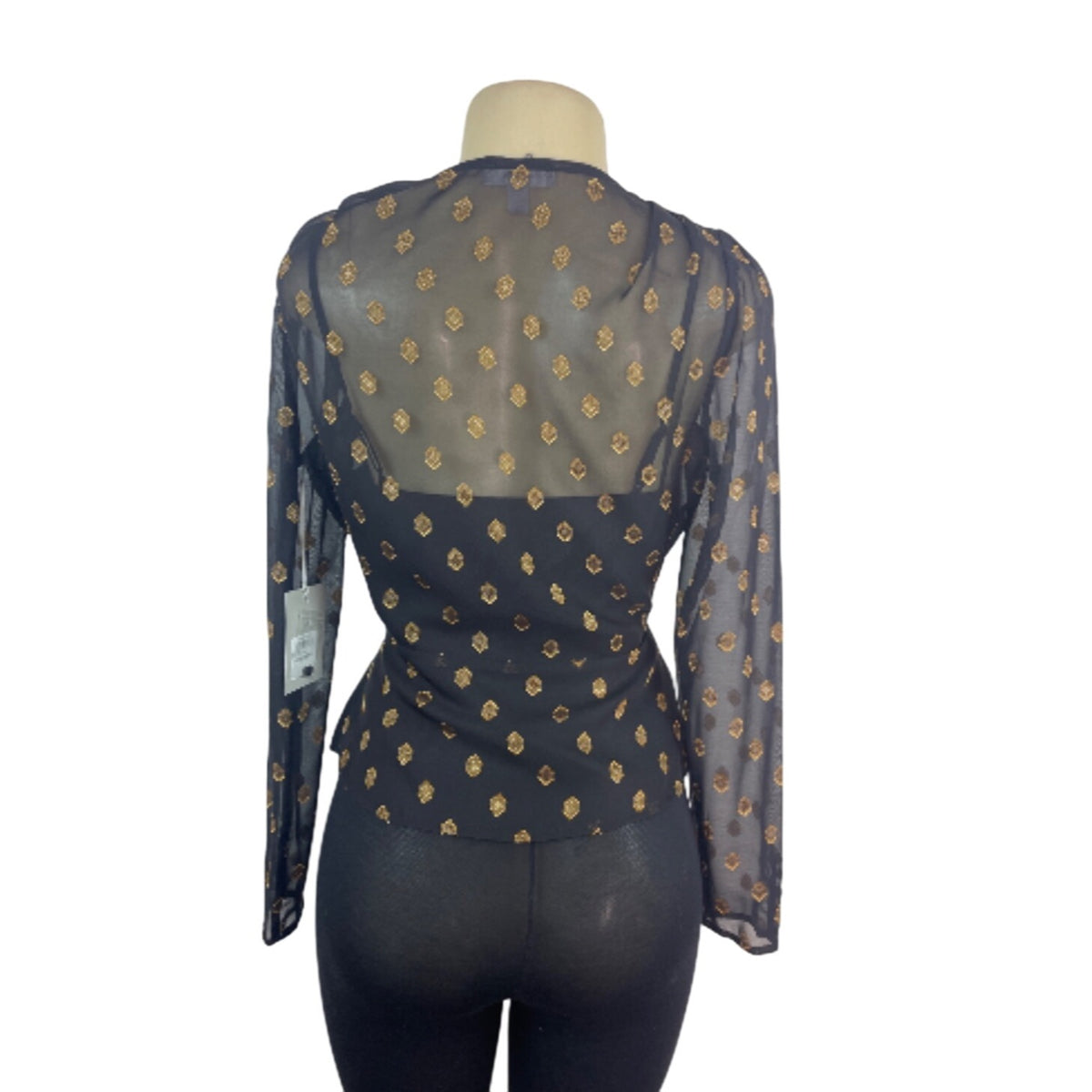 Chelsea- 28 Women Black & Gold Wrap Blouse With Geometric Print Button Sz S- New