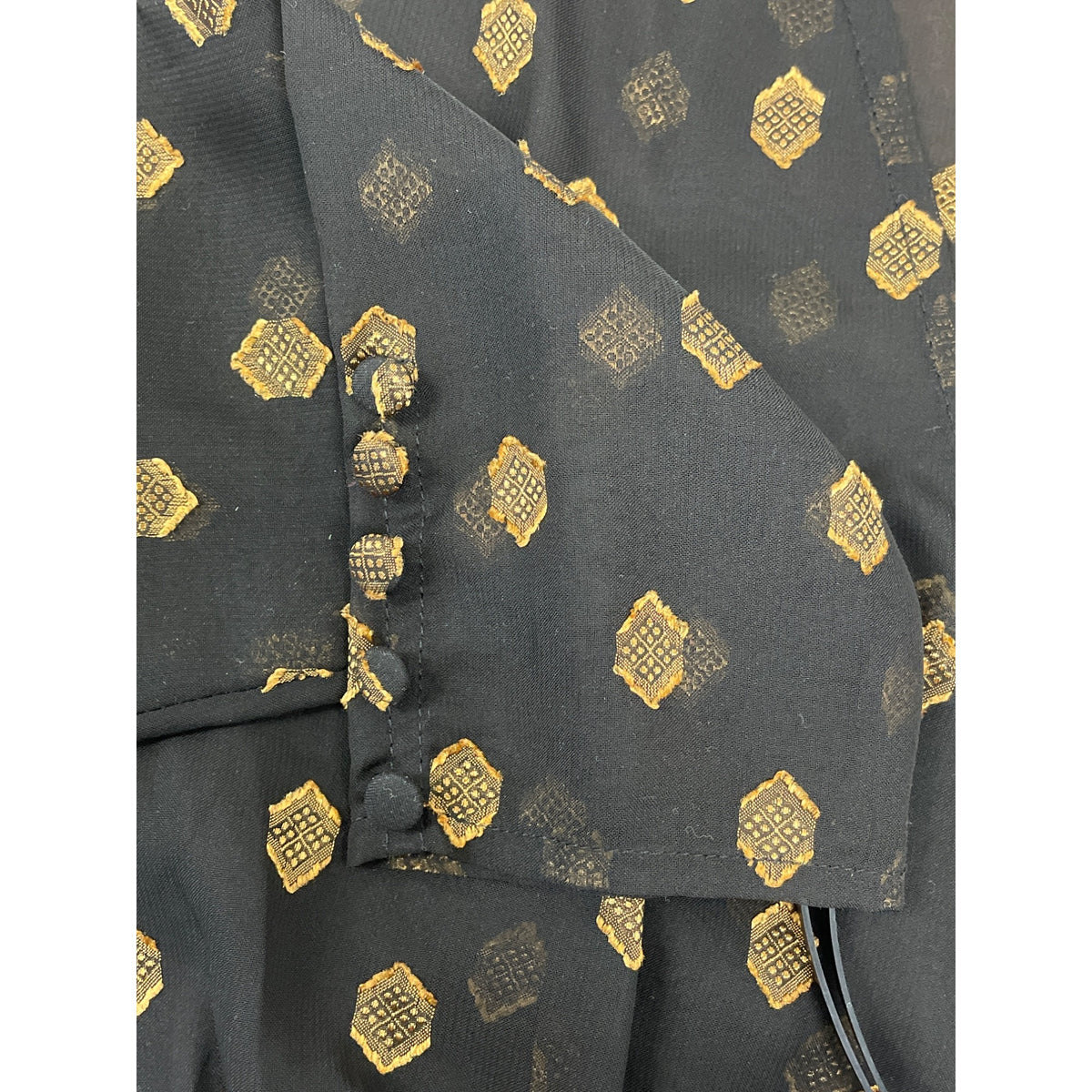 Chelsea- 28 Women Black & Gold Wrap Blouse With Geometric Print Button Sz S- New