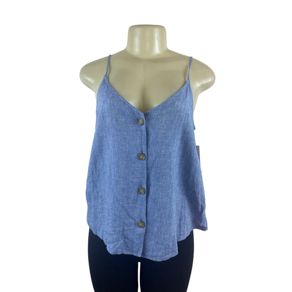 BP Womens Blue Linen-Blend Spaghetti Strap V-Neck Buttoned Top Sz S - New