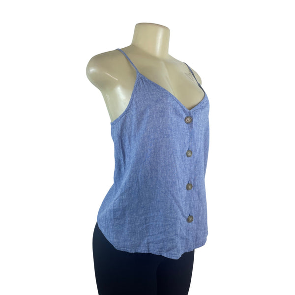 BP Womens Blue Linen-Blend Spaghetti Strap V-Neck Buttoned Top Sz S - New