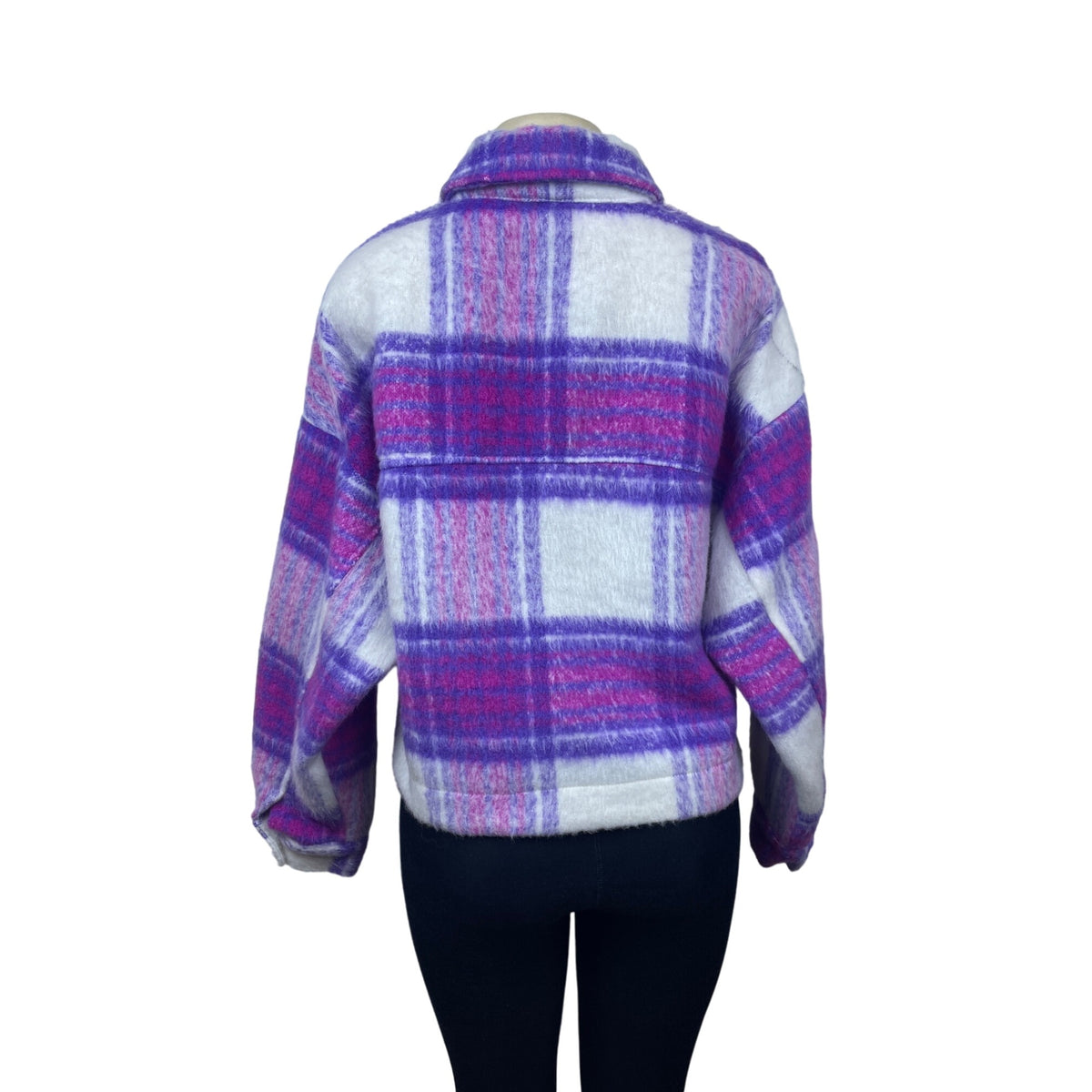 SO Women Pink and Purple Plaid Long Sleeve Cropped Shirt Jacket Sz M