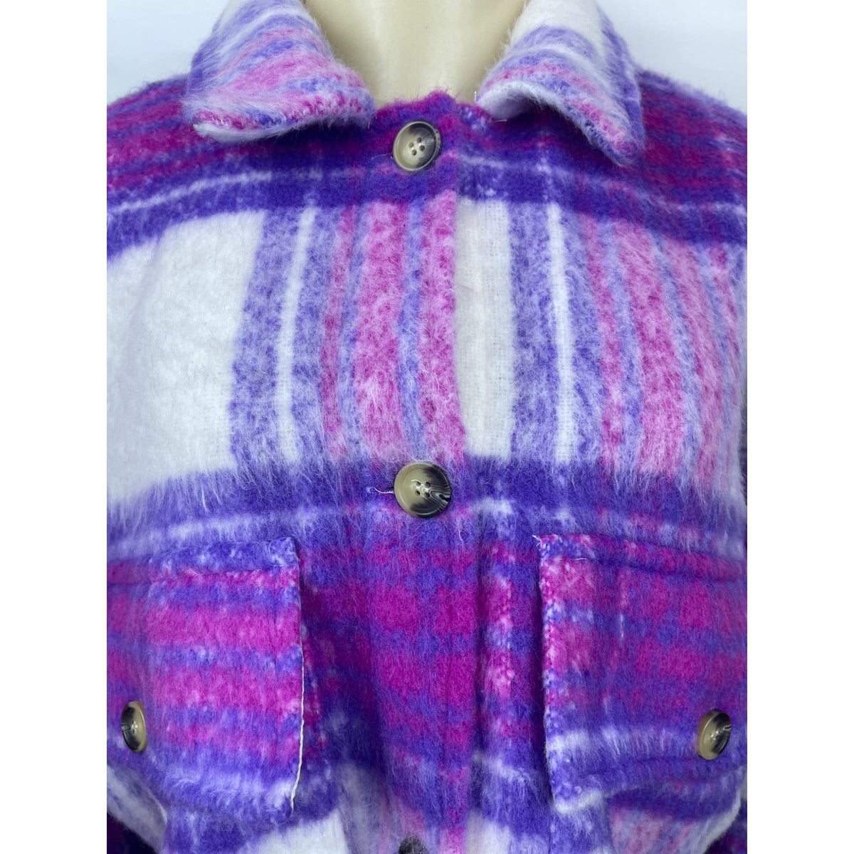 SO Women Pink and Purple Plaid Long Sleeve Cropped Shirt Jacket Sz M