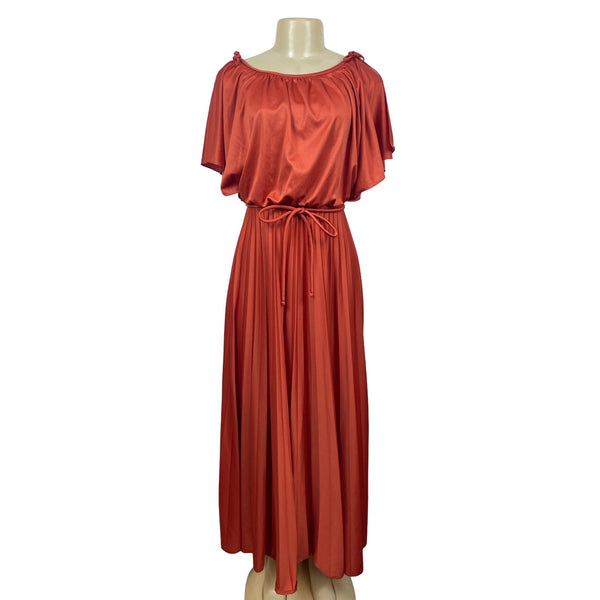 Vintage Style Rust Orange Maxi Dress With Belt & Flutter Sleeves S/M