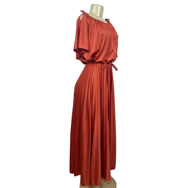 Vintage Style Rust Orange Maxi Dress With Belt & Flutter Sleeves S/M