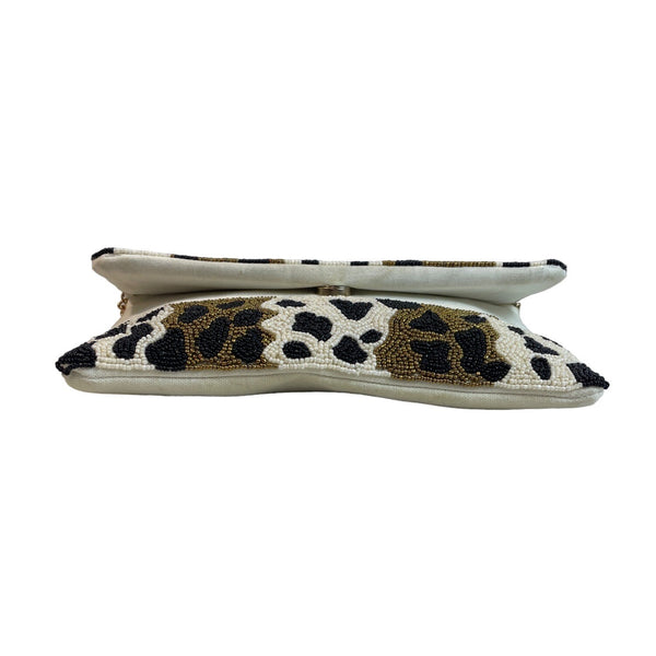 Francesca’s Collections Women's White - Brown Animal Print Beaded Evening Clutch