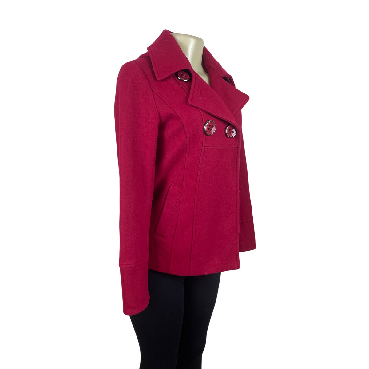 Guess Jeans Womens Red Hooded Peacoat Jacket With Button Accents & Pockets Sz XS