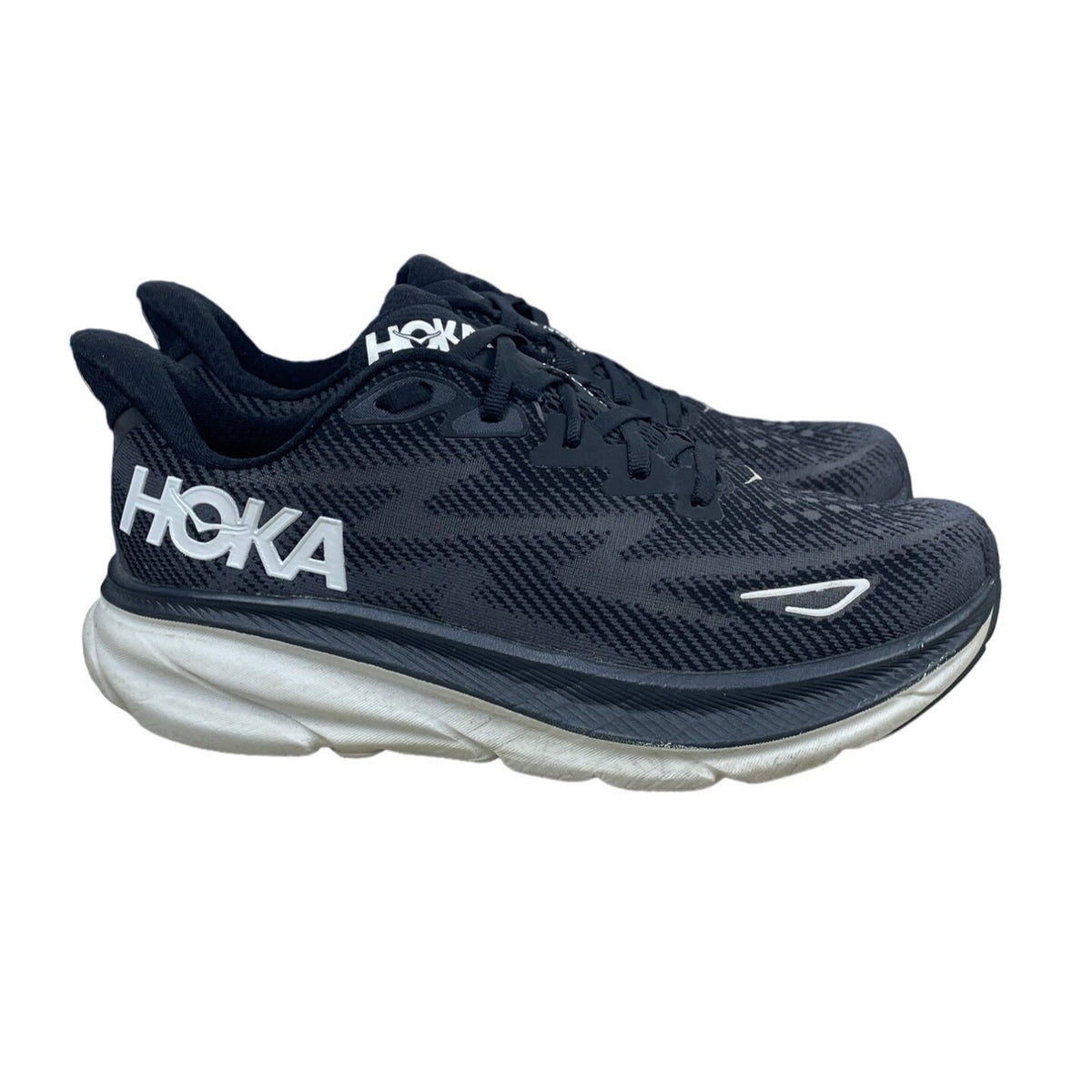 Hoka Men's Black & White Clifton 9 Slip In Running Shoes Sz 8B