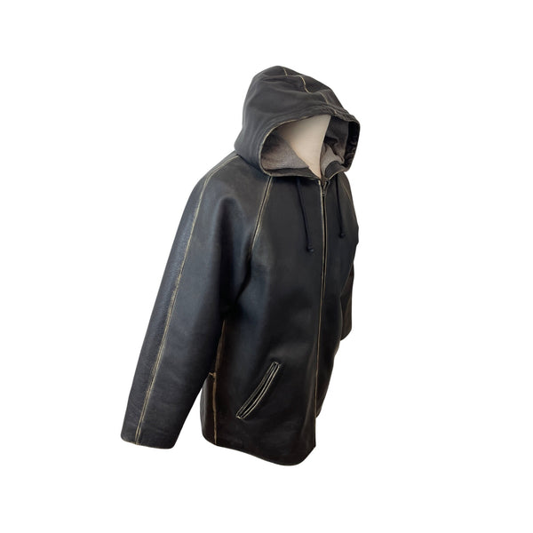 Fitigueso Men's Black Leather Hoodie With Washed Seam Size M