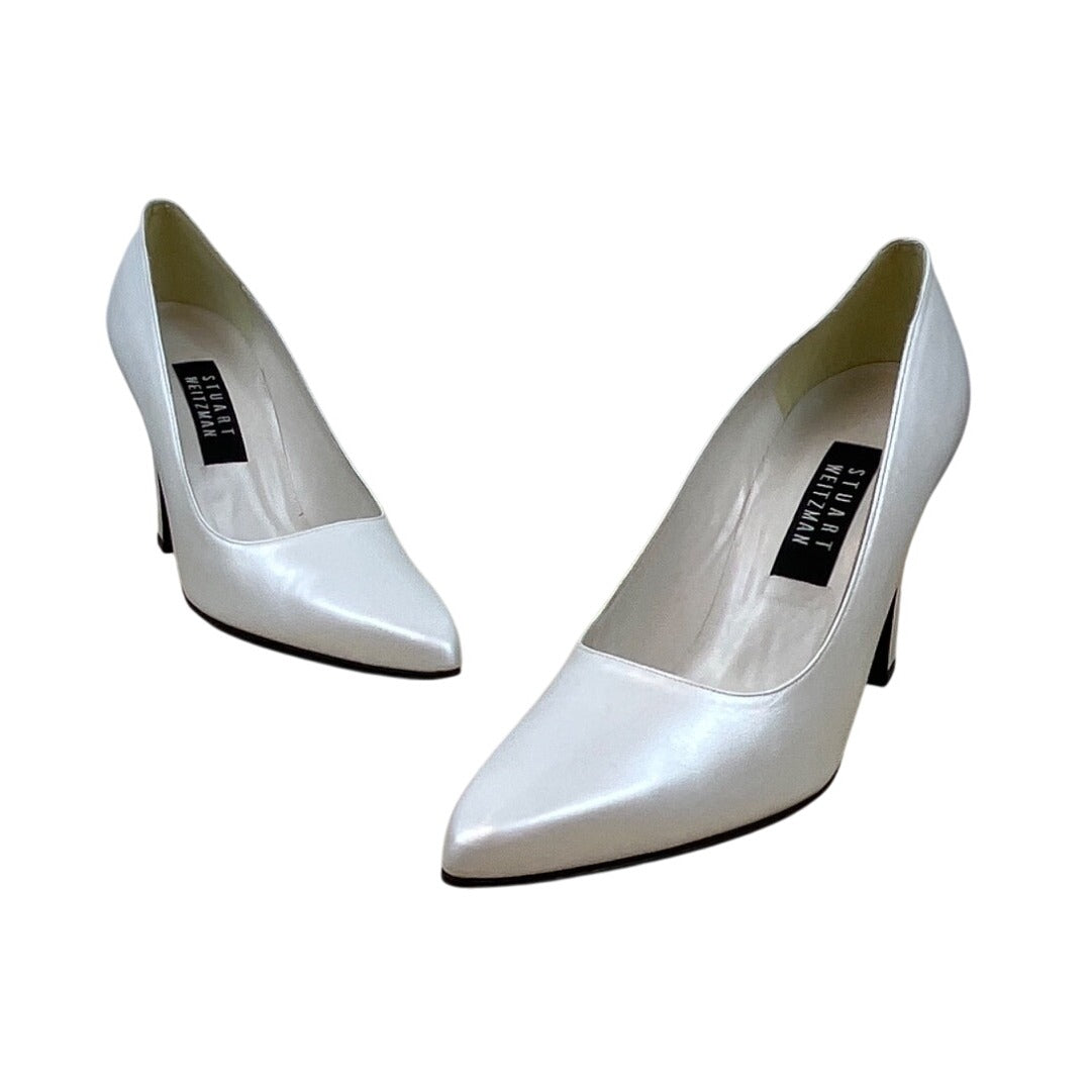 Womens Satin White Leather Pointed Toe Slip-on High Heels Sz 9