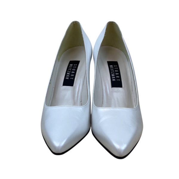 Womens Satin White Leather Pointed Toe Slip-on High Heels Sz 9