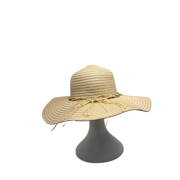 Head Wear Wide Brim Straw Sun Hat With Beaded & Shell Band For Women