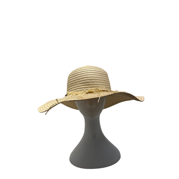 Head Wear Wide Brim Straw Sun Hat With Beaded & Shell Band For Women