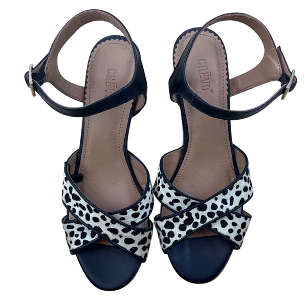 Crevo Women’s Black Spotted Leather Cow Hair Katnis Heeled Sandals Sz 7.5 - New