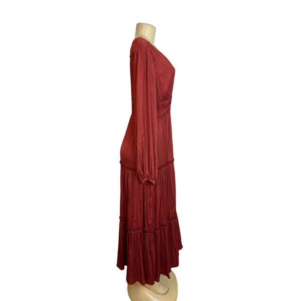 Anthropologie Women's Rust Red Long Sleeve Tiered Maxi Dress Size S