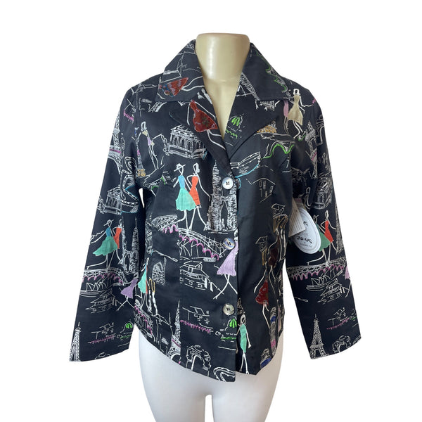 Parsley & Sage Womens Fashion Jacket With Colorful City Print Sz M