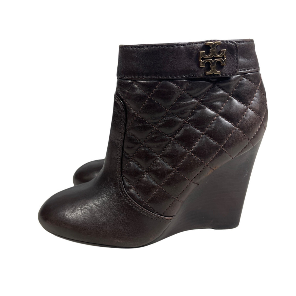 Tory Burch Leila Brown Quilted Leather Stacked Wedge Heel Bootie Sz 6.5M