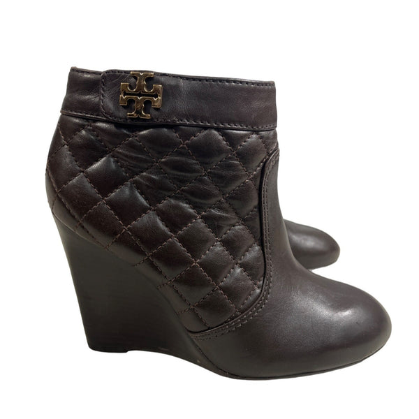 Tory Burch Leila Brown Quilted Leather Stacked Wedge Heel Bootie Sz 6.5M