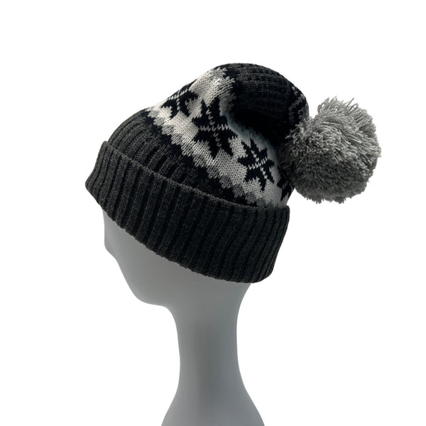 Club Room Mens Knit Beanie With Pom-Pom Snowflake Design Black/Gray