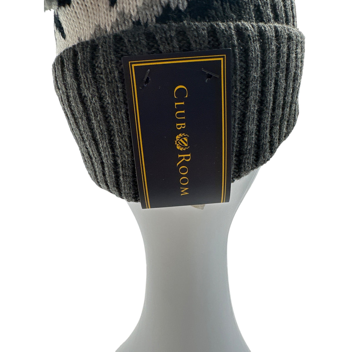 Club Room Mens Knit Beanie With Pom-Pom Snowflake Design Black/Gray