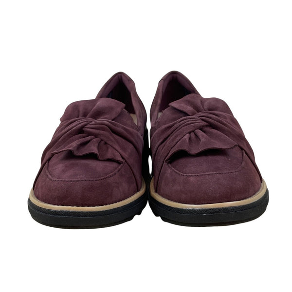 Clarks Womens Burgundy Suede Bow Accent Soft Cushion Slip On Loafers Sz 8.5W-New