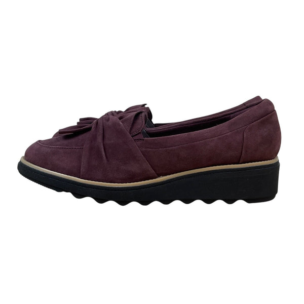 Clarks Womens Burgundy Suede Bow Accent Soft Cushion Slip On Loafers Sz 8.5W-New