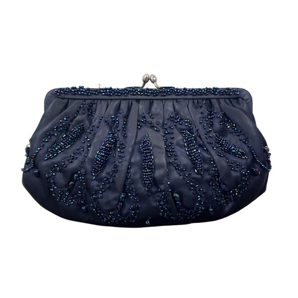 Magid Hand-Beaded Black Satin Clutch Purse With Rhinestones & Snap Closure Sz S