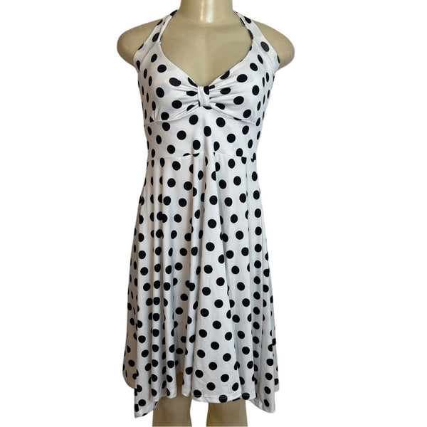 Demi Loon White & Black Polka Dot A Line Silhouette Halter Dress Sz S/M- NEW