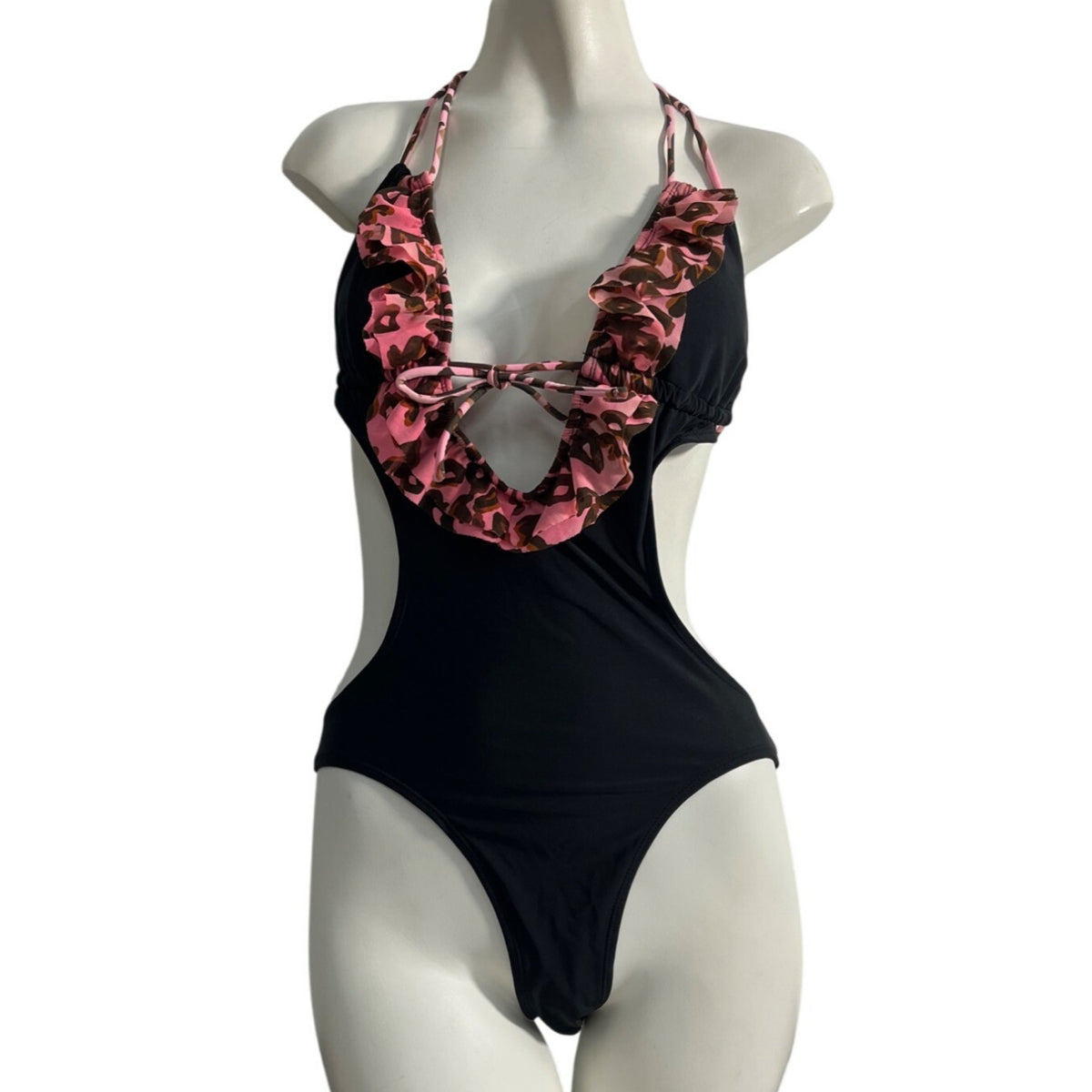 Op Womens Black & Pink Leopard Print Ruffled Cutout Swimsuit Sz M 7-9