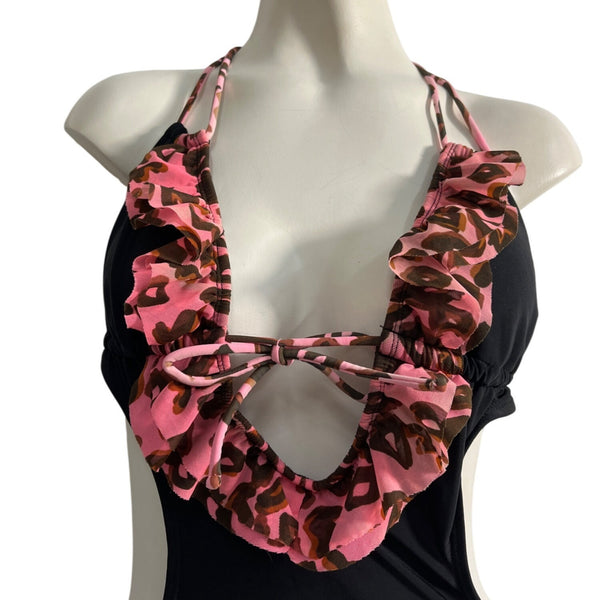 Op Womens Black & Pink Leopard Print Ruffled Cutout Swimsuit Sz M 7-9