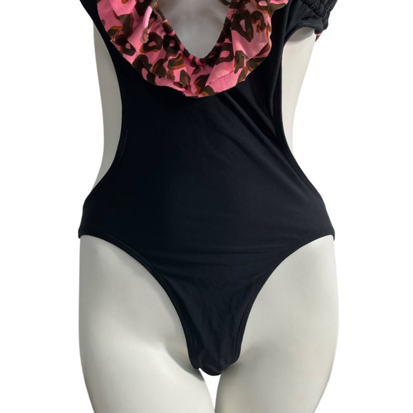 Op Womens Black & Pink Leopard Print Ruffled Cutout Swimsuit Sz M 7-9