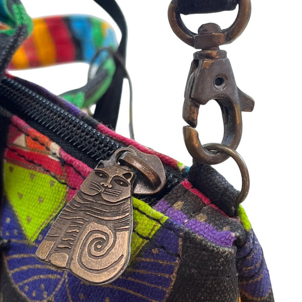 Vintage Laurel Burch Signature Cat Print Detachable Strap Shoulder Bag Sz M