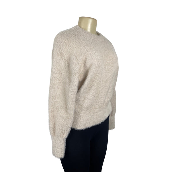 Ann Taylor Womens Fuzzy Knit Sweater Cream Cozy Long Sleeve Pullover Sz S