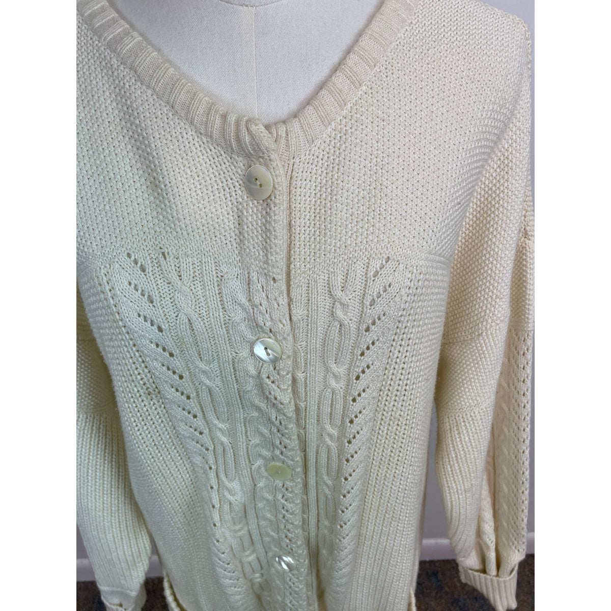 Bern Conrad Cream Cable Knit Cardigan With Pockets & Button Closure Sz M