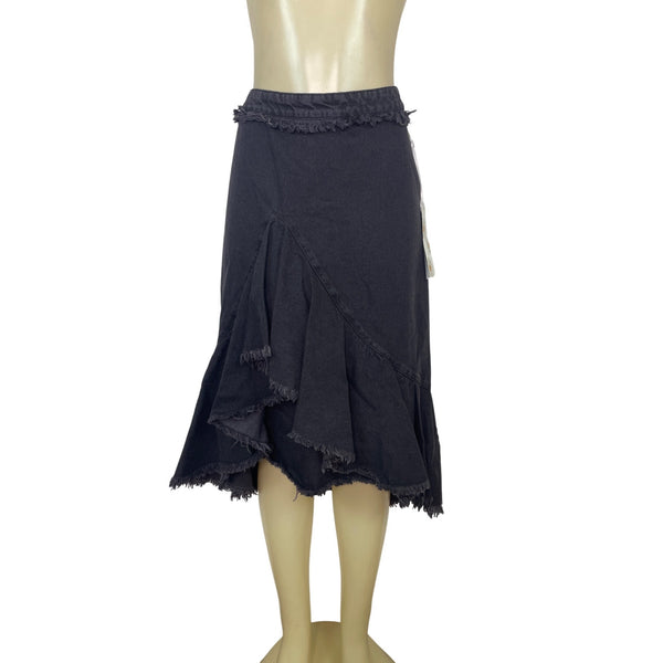 Given Kale Black Denim Asymmetrical Ruffle Skirt With Frayed Hem Sz M -New