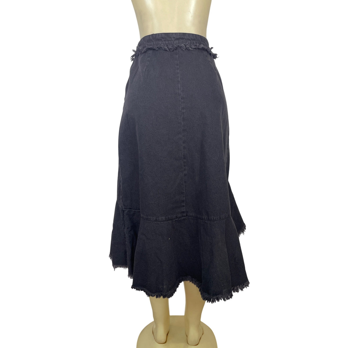 Given Kale Black Denim Asymmetrical Ruffle Skirt With Frayed Hem Sz M -New