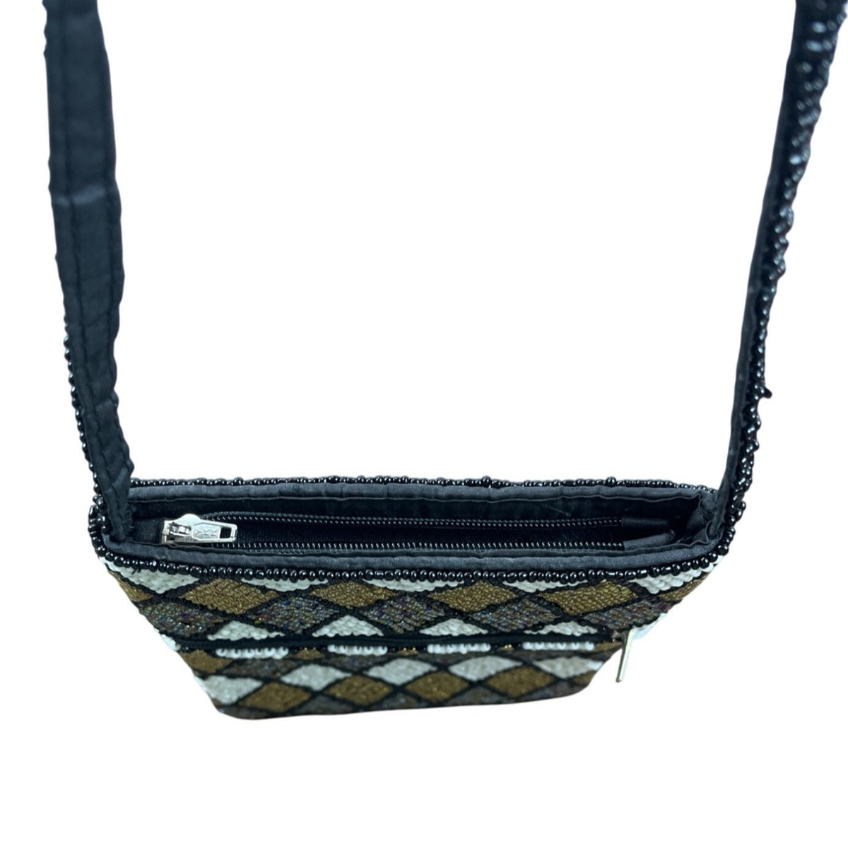 Beaded Harlequin Pattern Black Gold Silver White Crossbody Bag Sz S