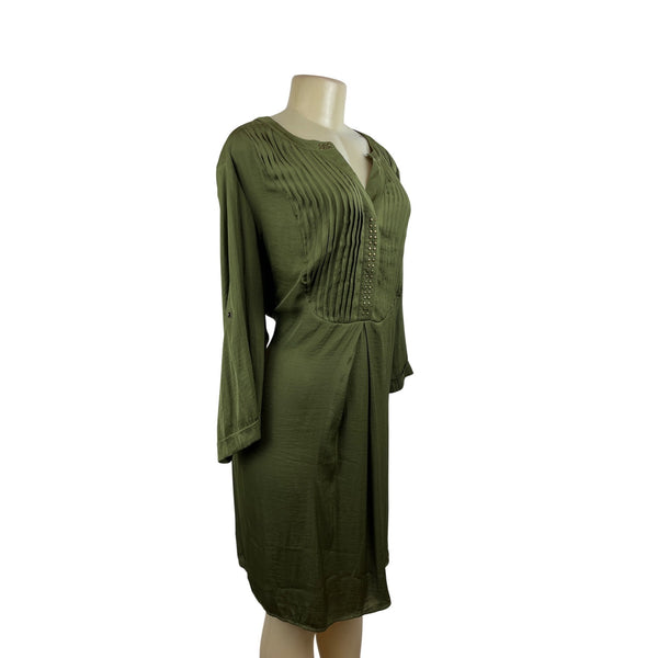 Ellos Womens Plus Size 2X Olive Green Pleated Tunic Dress With Studded Accents